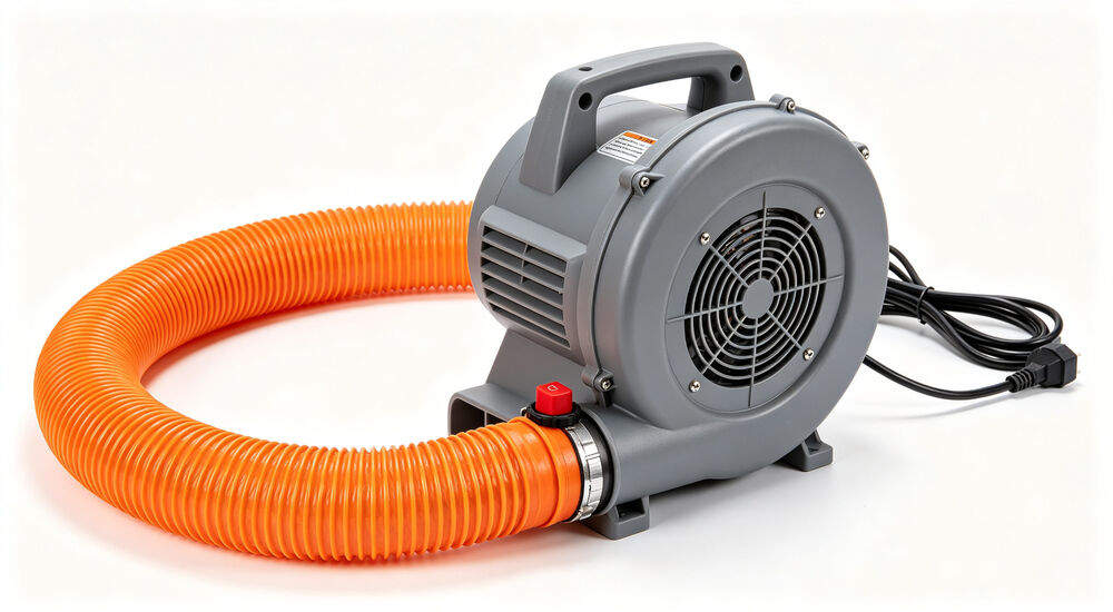 Electric air blower machine equipped with flexible orange corrugated hose, portable handle design for inflatable tent inflation