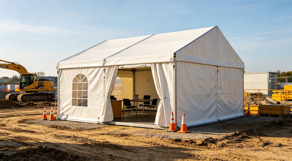 Heavy duty emergency frame tent displayed in operational setting demonstrating quick setup capability durable canvas exterior and spacious interior capacity for humanitarian relief missions