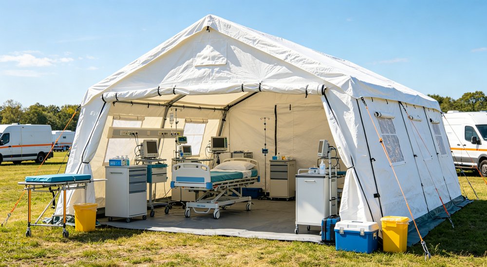 Field deployed emergency shelter showing robust frame construction waterproof material and practical design features meeting international standards for disaster response and refugee accommodation Field deployed emergency shelter showing robust frame construction waterproof material and practical design features meeting international standards for disaster response and refugee accommodation