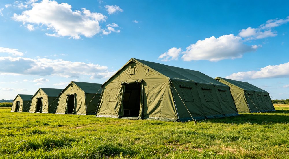 Emergency response tent captured during active deployment showing professional grade construction wind resistant frame and waterproof covering designed for long term use in challenging field conditions