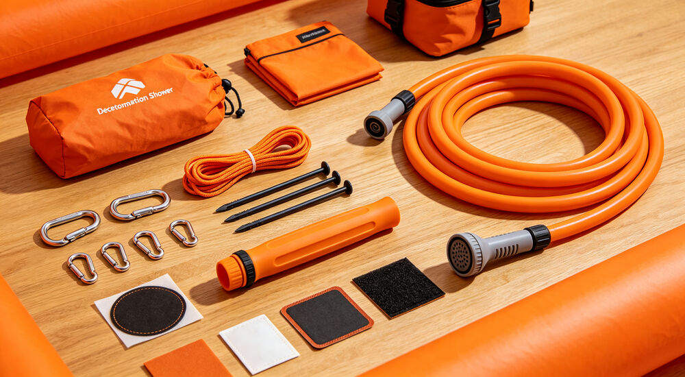 Complete accessory kit for inflatable decontamination shower tent including hose, ground stakes, carabiners and repair patches