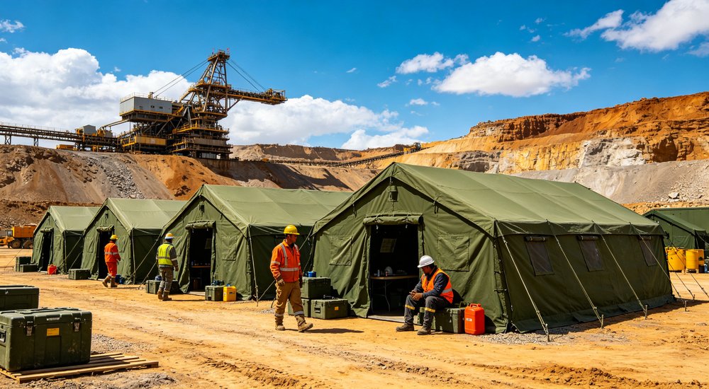 Large emergency shelter tent installed at disaster relief site providing weatherproof accommodation for affected populations with reinforced structure and quality materials visible
