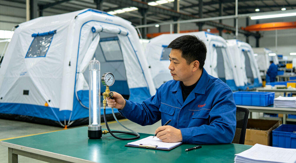Factory pressure quality inspection test for inflatable emergency tent, technician recording air pressure data