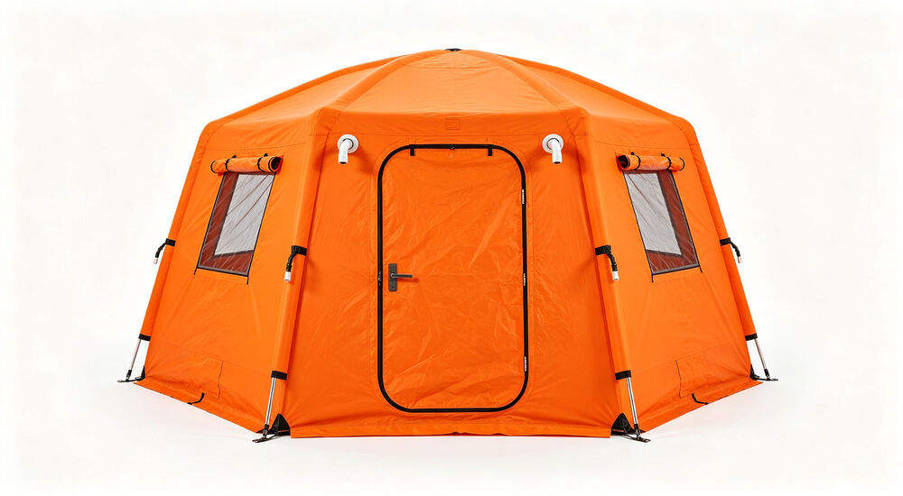 Orange octagonal inflatable emergency shelter tent with zipper door and mesh windows