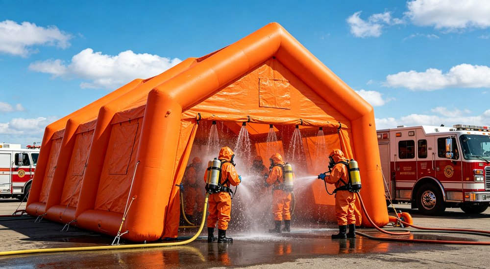 Orange inflatable decontamination tent with hazmat suited personnel conducting outdoor decontamination drill Orange inflatable decontamination tent with hazmat suited personnel conducting outdoor decontamination drill