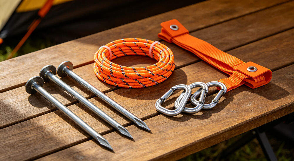 Accessory kit for decontamination shower inflatable tent, metal ground stakes reflective guy ropes and aluminum carabiners Accessory kit for decontamination shower inflatable tent, metal ground stakes reflective guy ropes and aluminum carabiners