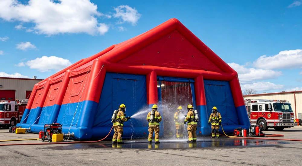 Red and blue inflatable decontamination tent with firefighters doing outdoor decontamination training Red and blue inflatable decontamination tent with firefighters doing outdoor decontamination training