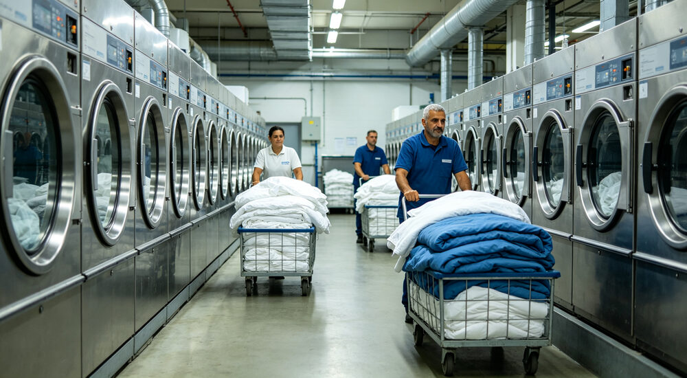 Wide-angle scene of hotel room with premium white institutional bedding and housekeeping staff maintaining quality standards suitable for emergency shelters hospitals universities and hotels requiring durable comfortable bedding solutions