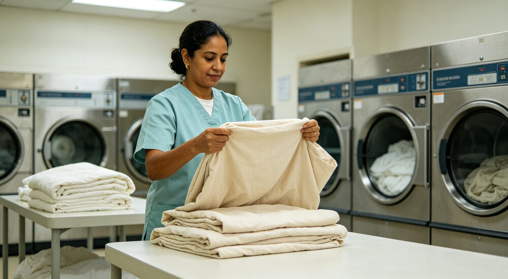 Warehouse storage facility with neatly stacked institutional bedding bundles organized for bulk inventory management and rapid shipment suitable for emergency shelters hospitals universities and hotels requiring durable comfortable bedding solutions