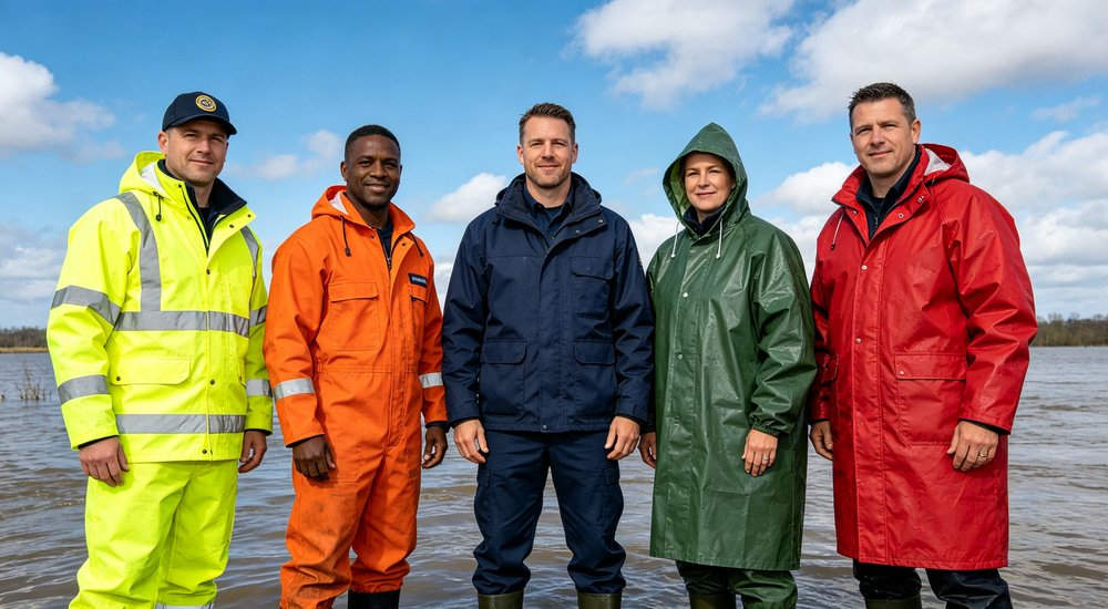 Emergency flood relief team group photo with five rescue workers wearing different colored rain suits including bright yellow two-piece with reflective tape orange coverall navy blue jacket pants set green poncho and red thickened raincoat all wearing different styles Emergency flood relief team group photo with five rescue workers wearing different colored rain suits including bright yellow two-piece with reflective tape orange coverall navy blue jacket pants set green poncho and red thickened raincoat all wearing different styles