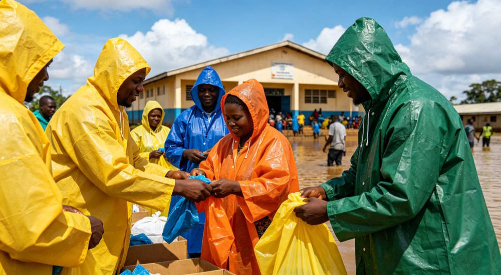 Flood relief distribution scene with volunteers handing out rain ponchos to flood victims people wearing different colored raincoats yellow orange blue green at community center during emergency response Flood relief distribution scene with volunteers handing out rain ponchos to flood victims people wearing different colored raincoats yellow orange blue green at community center during emergency response