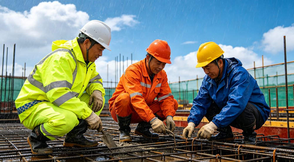 Construction site workers in rain with three workers wearing different rain gear including yellow high-visibility two-piece suit orange coverall and blue jacket working on construction site during rainy weather conditions