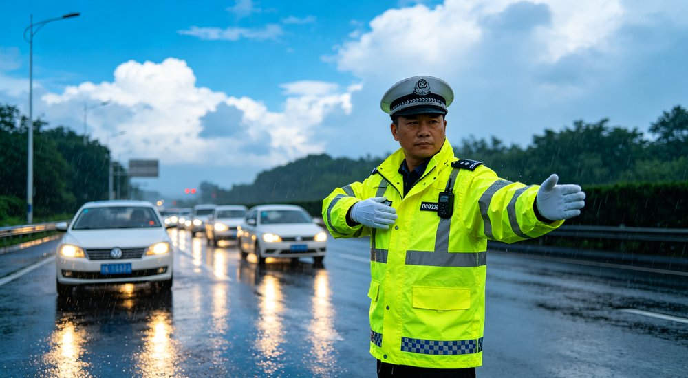 Traffic police officer in rain wearing bright yellow reflective rain suit directing traffic on wet road with cars headlights on during rainy weather for high visibility safety protection and law enforcement