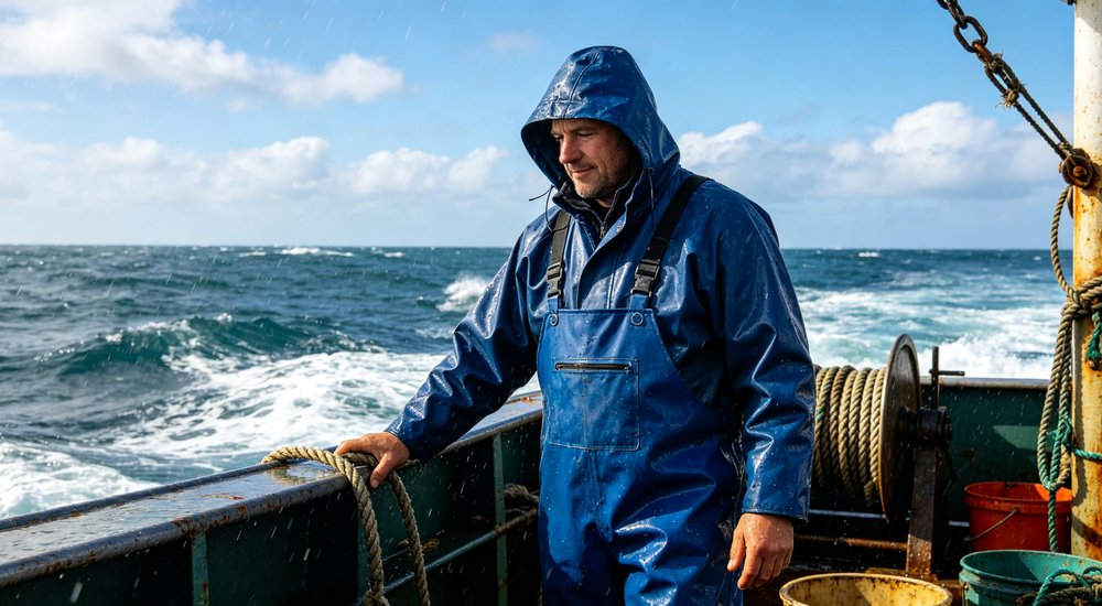 Fisherman in rain at sea wearing heavy-duty blue raincoat and bib pants working on fishing boat with ocean waves for maritime professional waterproof protection and durability in harsh marine conditions