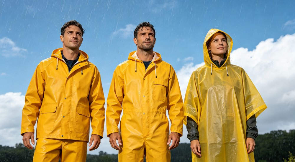 Three real people wearing different types of yellow rain gear side by side comparison, first person wearing two-piece rain suit jacket and pants, second person wearing one-piece coverall rain suit, third person wearing rain poncho, all faces clearly visible outdoors