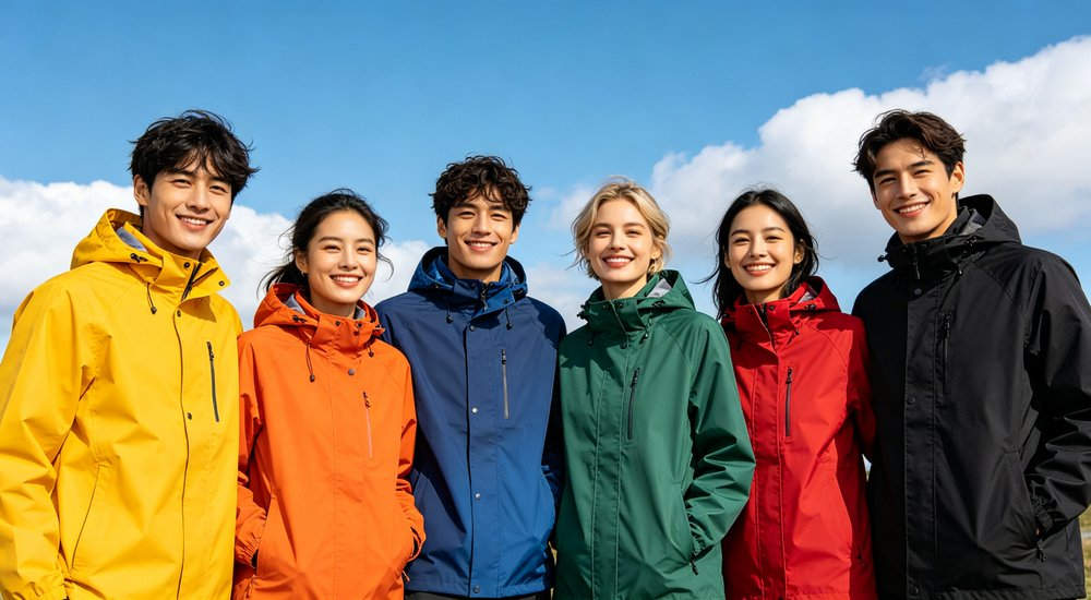 Six real people wearing different colored rain jackets standing in a row showing color options, colors include bright yellow orange navy blue green red and black, all six people faces clearly visible and smiling outdoors with blue sky