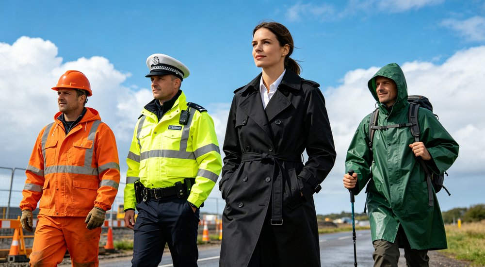 Selection guide comparison with four different professionals wearing various raincoats including yellow two-piece navy coverall green hooded poncho and orange jacket side by side to choose the right professional rain gear