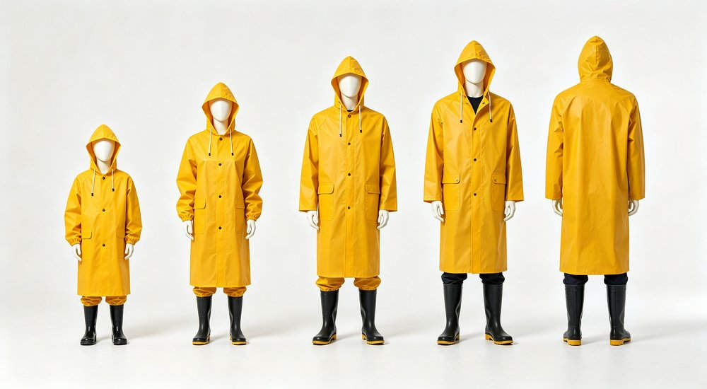 Raincoat size chart demonstration with five mannequins wearing different sizes of yellow rain suits S M L XL XXL showing size differences for proper sizing guide and selection for different body types