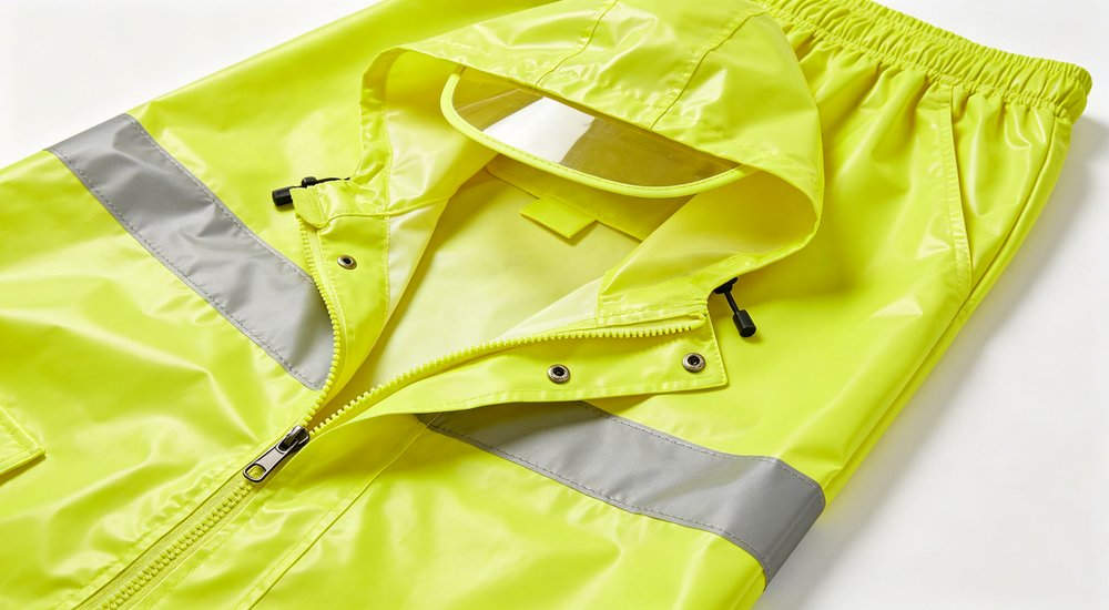 Closeup detail of a yellow two-piece rain suit showing PVC coated fabric silver reflective tape and stitched seams with adjustable cuff for high visibility professional rain gear and outdoor crew use