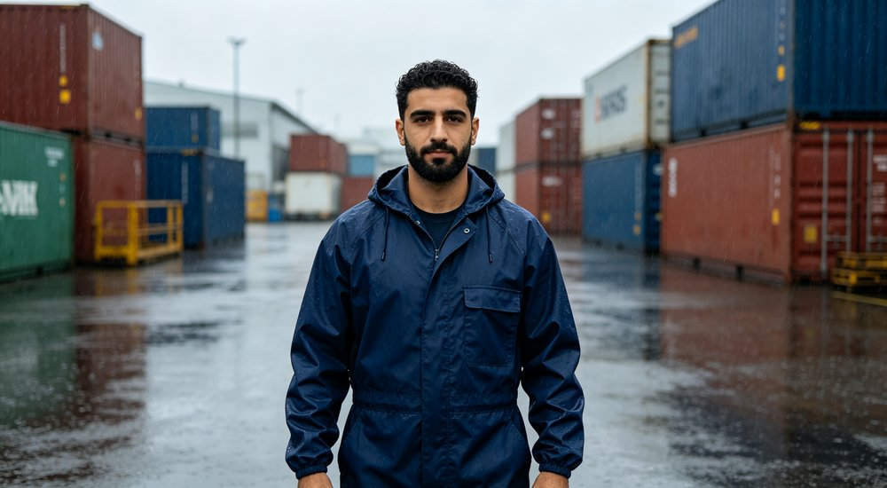 Coverall rain suit wearing demonstration with Middle Eastern industrial worker wearing navy blue one-piece waterproof coverall with hood down face clearly visible standing in factory yard during rain for industrial work