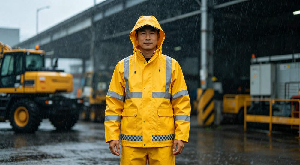 Two-piece rain suit wearing demonstration with worker wearing bright yellow waterproof jacket and pants set with reflective tape and adjustable hood standing in rain at outdoor work environment for construction and maintenance