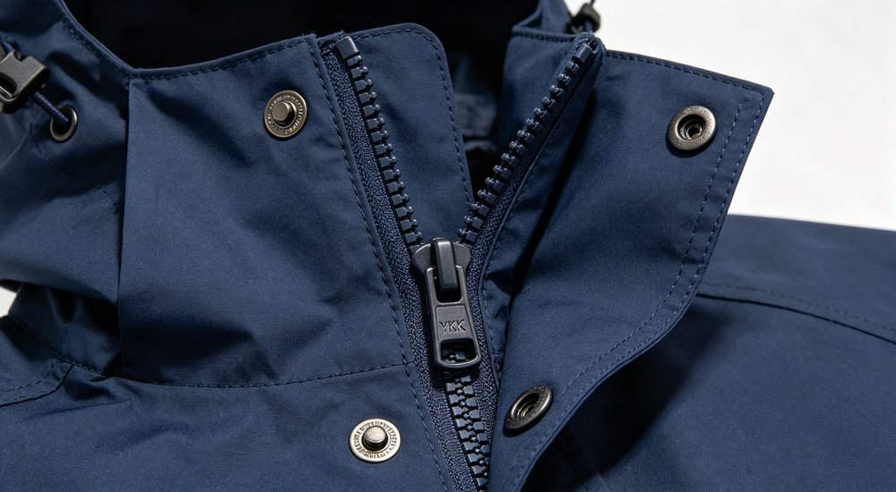 Raincoat zipper and storm flap detail closeup showing heavy duty YKK zipper with storm flap and snap closures on navy blue rain jacket for waterproof closure system and quality manufacturing details