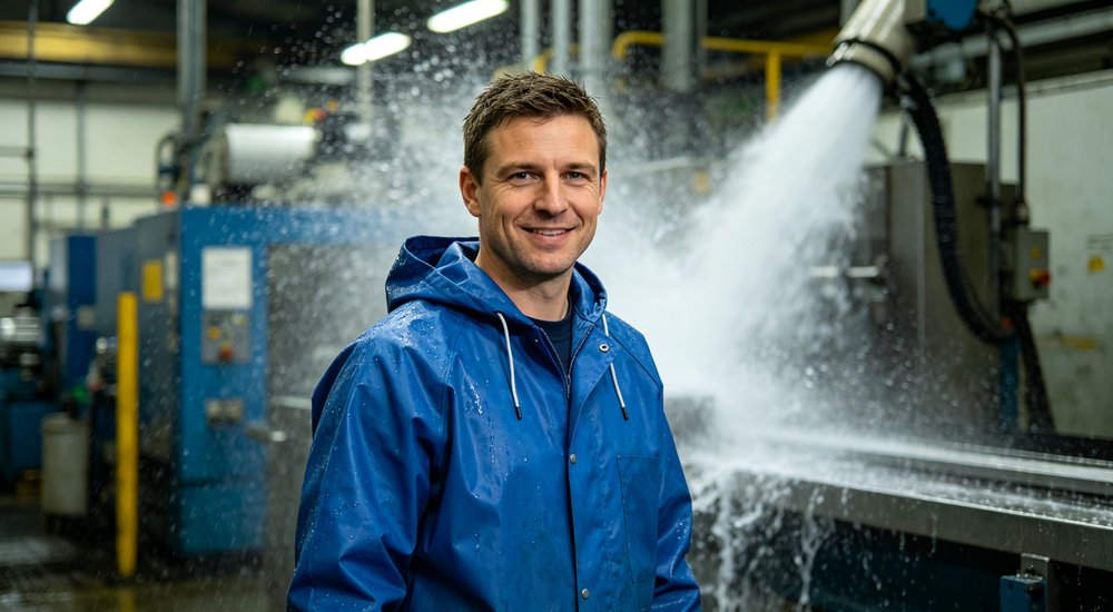 Industrial worker wearing blue one-piece coverall rain suit under water spray in a factory yard showing heavy-duty waterproof PVC fabric and full body coverage for wet industrial and chemical handling use