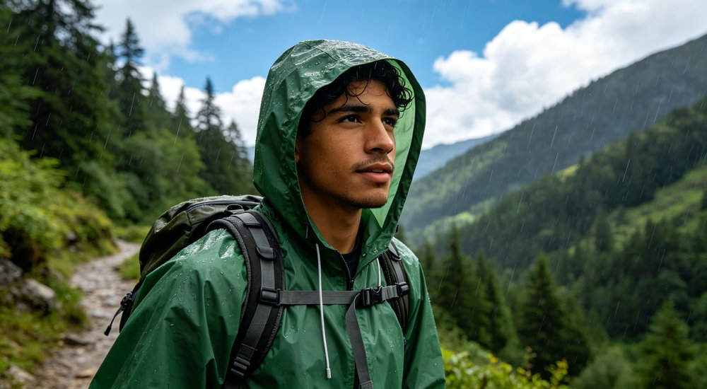Hiker wearing a green hooded rain poncho on a lush forest trail showing lightweight waterproof EVA rain gear for outdoor recreation emergency kits and wet weather adventure protection