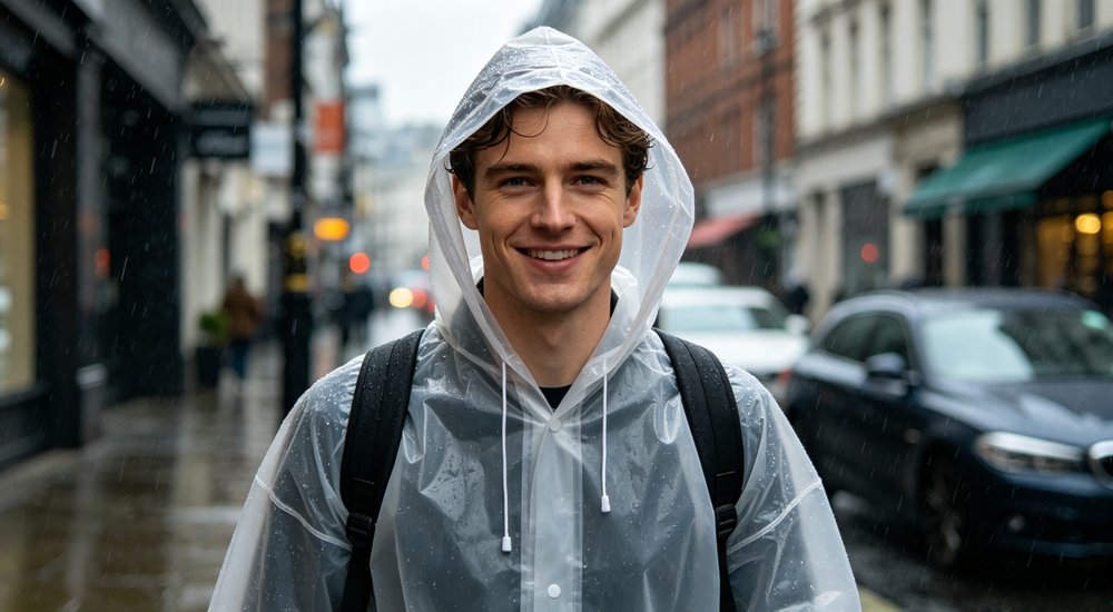 Rain poncho wearing demonstration with Caucasian person wearing transparent EVA rain poncho with hood down face clearly visible smiling walking in city street during rain with backpack for daily commuting
