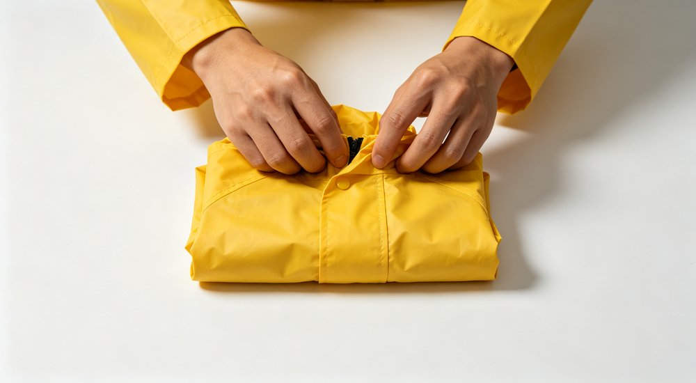 Raincoat storage and folding demonstration with worker folding yellow rain jacket neatly into compact size showing easy storage and portability for emergency kits travel and outdoor adventure preparedness