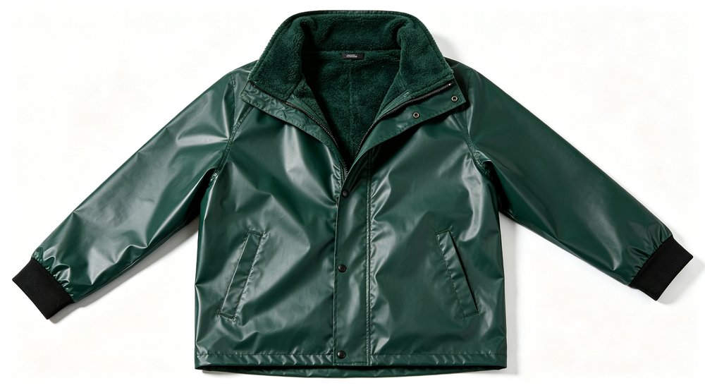 Thickened heavy-duty raincoat in dark green color with warm fleece lining and extra thick PVC material featuring standing collar with storm flap and adjustable neoprene cuffs for cold weather and long duration outdoor work