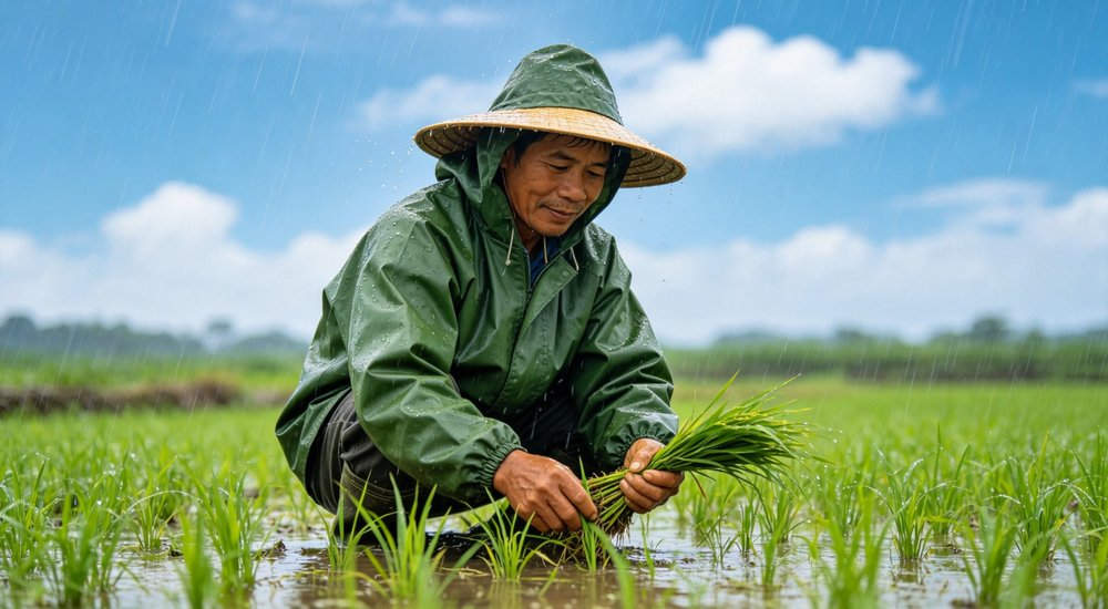 Farmer in rain working in field wearing green thickened raincoat and hat working in rice paddy field during rain in rural landscape for agricultural waterproof protection and farming operations in wet conditions