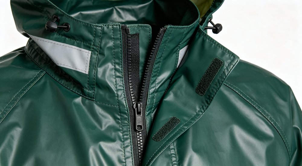Technical specification detail closeup showing a PVC taped seam YKK zipper and reflective tape attachment on a navy blue rain suit for quality durability and heavy duty professional rainwear inspection