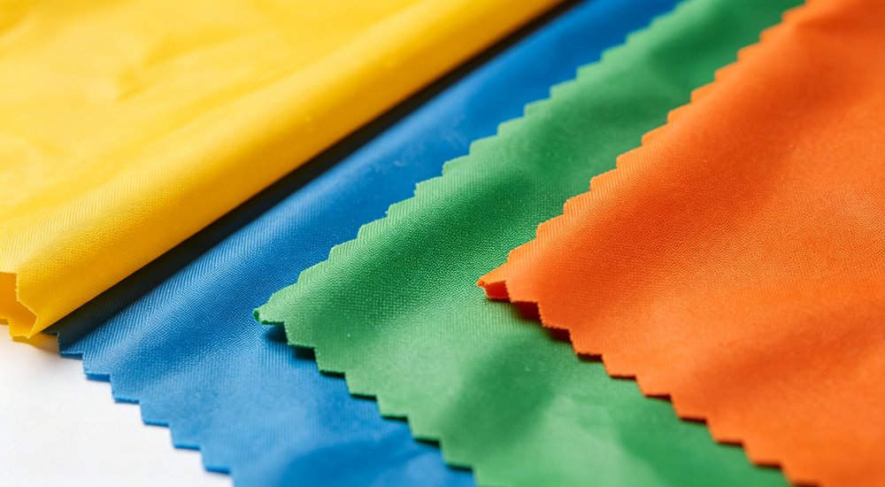 Raincoat fabric material closeup with different water-resistant fabric samples including PVC EVA PU coated polyester nylon in color swatches yellow blue green orange showing texture detail and material quality for technical specification