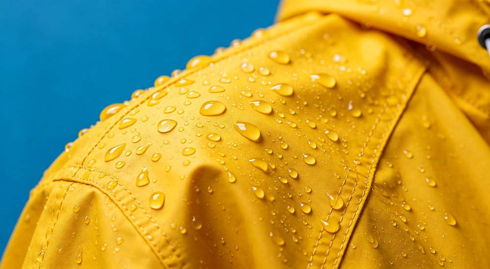 Raincoat waterproof testing with water droplets beading on yellow raincoat fabric surface macro photography showing water repellent effect and waterproof performance for quality assurance and technical specification documentation