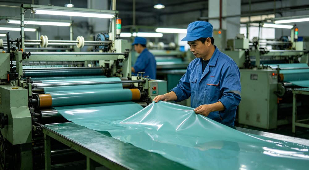 Raincoat material manufacturing process in factory production line with PVC coating machine and workers inspecting waterproof fabric in industrial factory environment for quality production control and OEM rainwear manufacturing