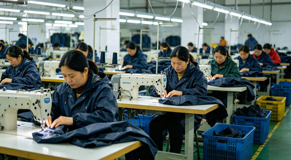 Raincoat sewing production line with factory workers sewing rain jackets on industrial sewing machines on production floor for quality manufacturing and production of waterproof rainwear and workwear products