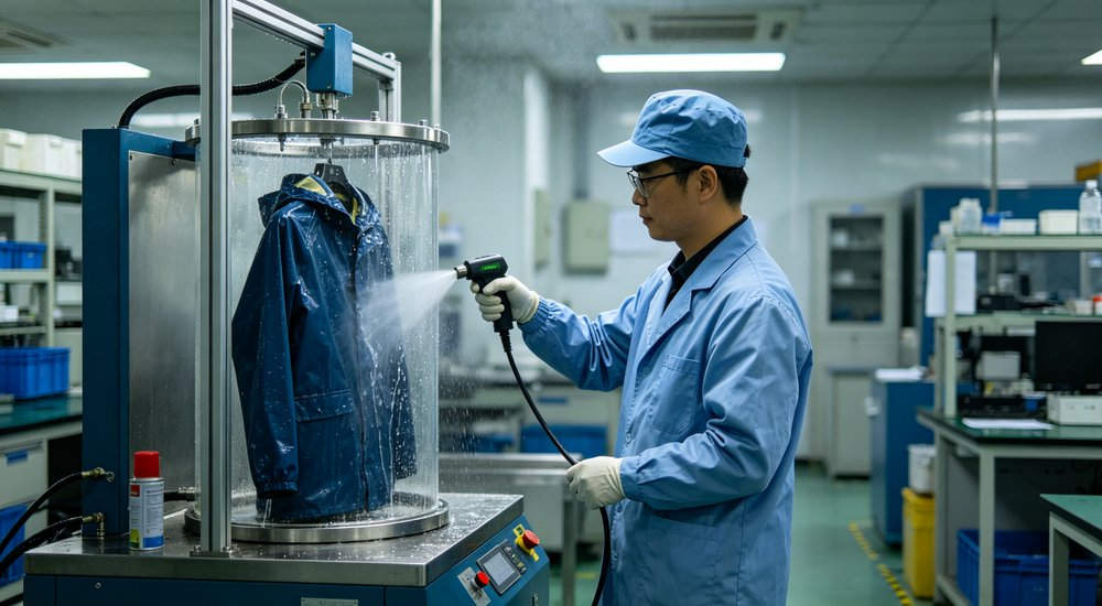 Quality inspection of raincoats with worker testing water-resistant material using water spray and hydrostatic pressure testing equipment in quality control laboratory for professional testing certification and quality assurance standards