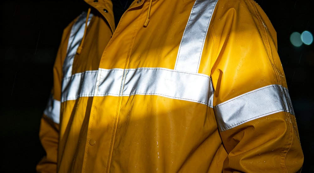 Raincoat reflective tape detail closeup showing silver reflective strips on yellow rain jacket at night with flashlight illumination demonstrating high visibility effect and safety features for low light working conditions