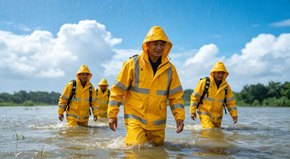 Emergency flood relief team of Asian workers wearing yellow rain suits carrying sandbags and relief supplies along a muddy flooded street during disaster response and public procurement distribution