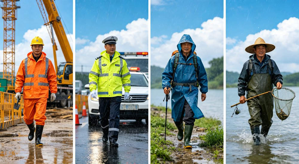 Raincoat application scenarios collage with four different scenes including construction worker traffic police hiker and fisherman each wearing different raincoats for professional use in various weather conditions and work environments