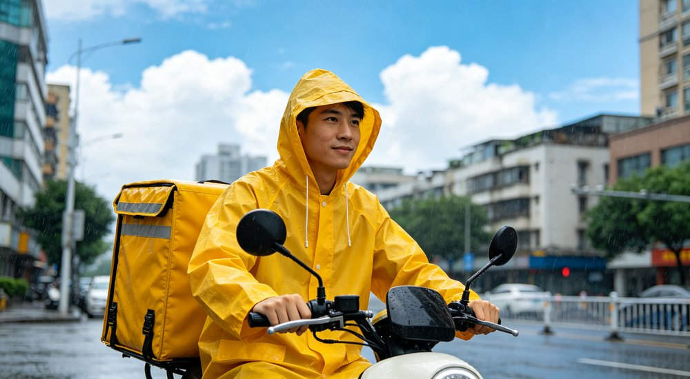 Delivery courier in rain wearing yellow rain poncho with face clearly visible riding electric scooter delivering packages on wet city street for urban delivery and logistics waterproof protection