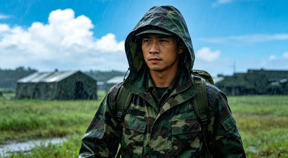 Military personnel in rain wearing soldier camouflage water-resistant rain jacket patrolling in rainy field at military base for tactical waterproof protection and field operations in wet weather conditions
