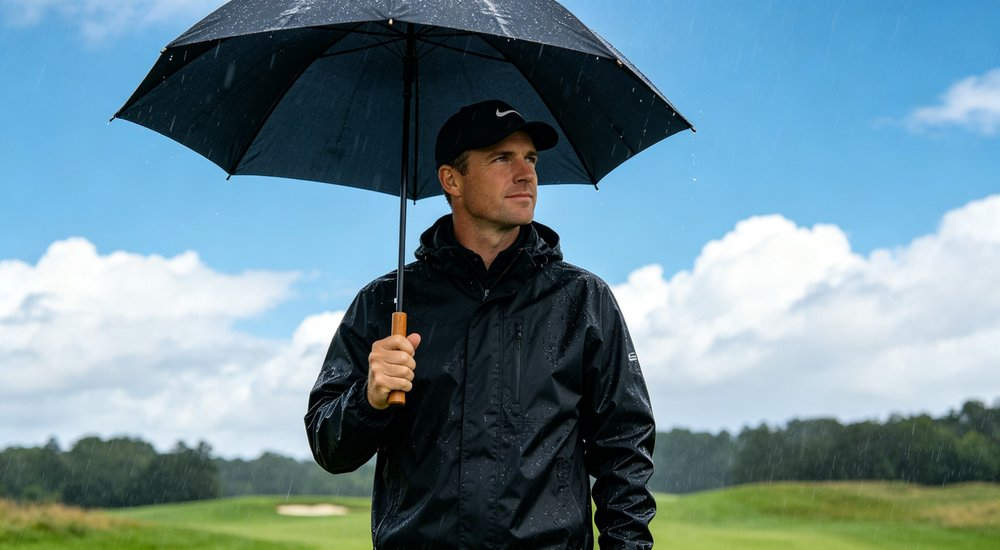 Golf player in rain wearing black rainproof suit playing golf on wet course holding umbrella for sports waterproof protection and performance in rainy weather conditions on the golf course
