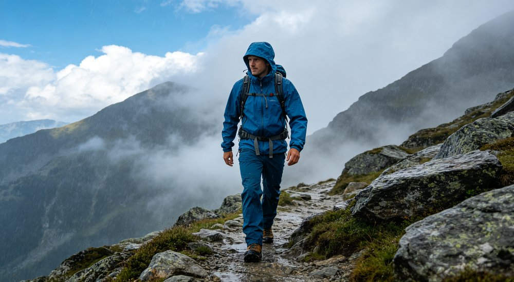 Mountain climber in rain wearing blue water-resistant jacket and pants hiking on rocky mountain trail during rain with misty mountains for outdoor adventure protection and trekking in challenging weather conditions