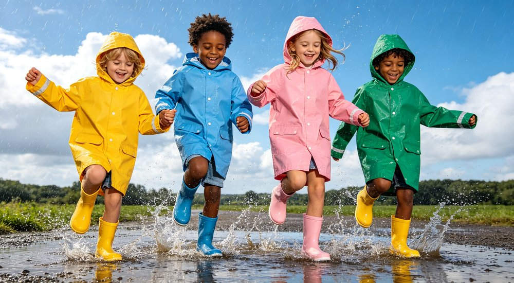 Children raincoat collection with four children wearing different colored raincoats yellow blue pink green jumping in puddles happy kids playing in rain for family waterproof protection and children outdoor activities