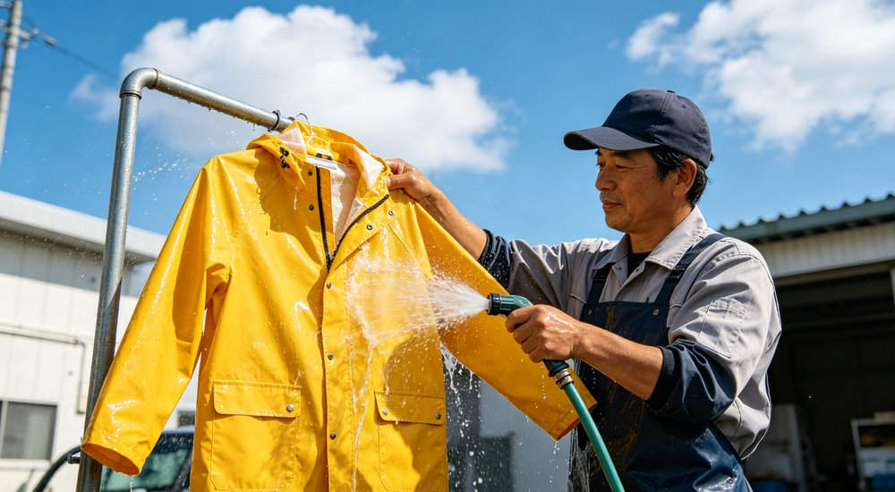 Raincoat cleaning and maintenance with worker rinsing yellow rain jacket with water hose outdoors showing proper cleaning method for product longevity and maintenance care instructions for waterproof rainwear