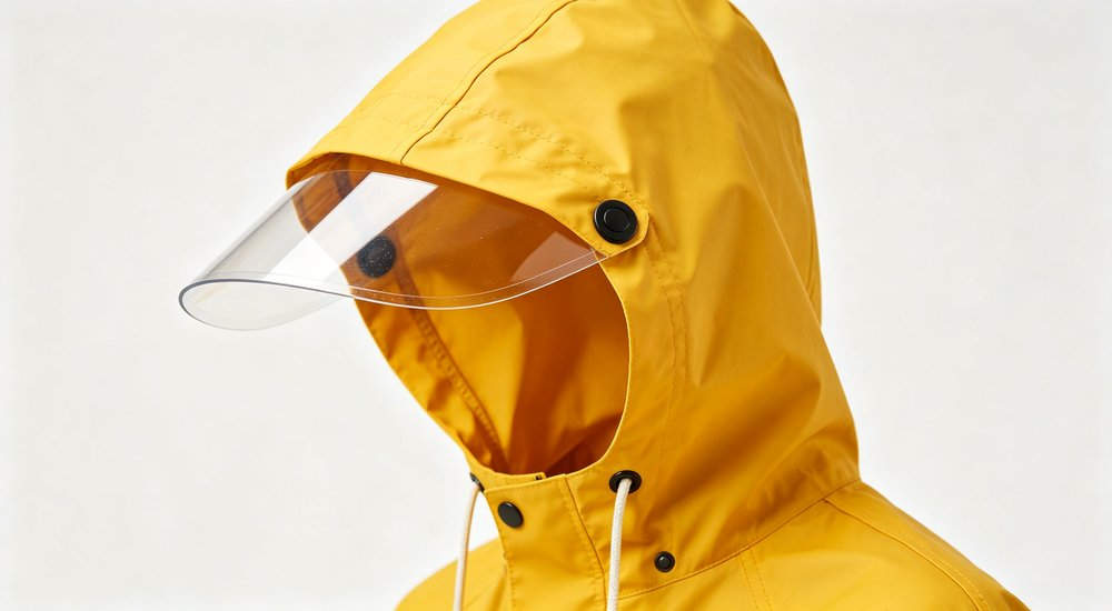 Raincoat hood and visor detail showing adjustable hood with clear visor on yellow rain jacket for face protection design and functionality in rainy weather conditions with adjustable drawstring hood