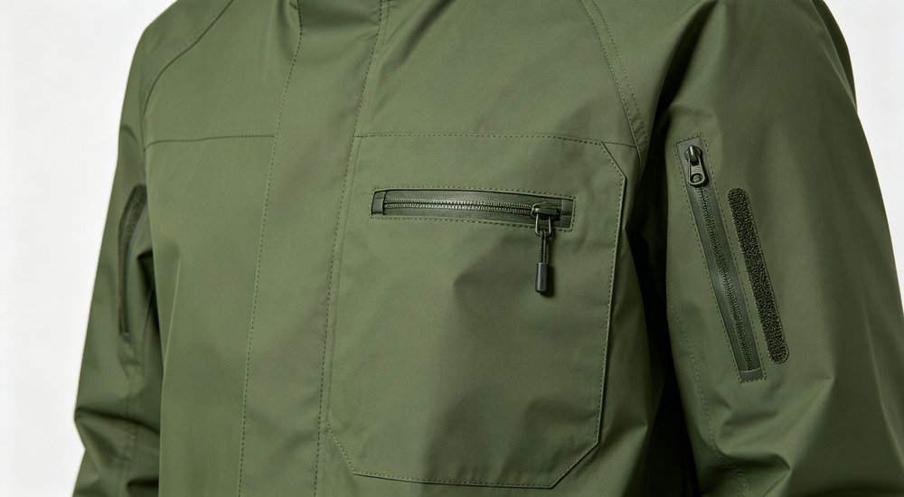 Raincoat pocket and ventilation detail showing water-repellent pocket with zipper closure and underarm ventilation vents on green rain jacket for functional design and breathability in active working conditions
