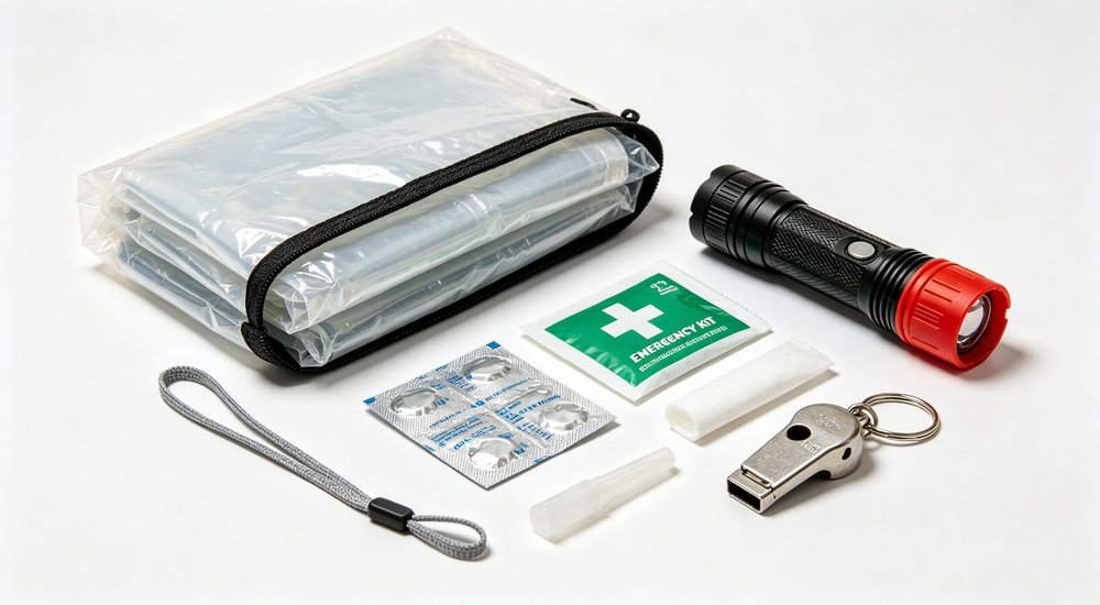 Emergency kit with rain poncho containing compact emergency kit with folded transparent rain poncho flashlight whistle and first aid supplies for emergency preparedness disaster relief and outdoor survival kits